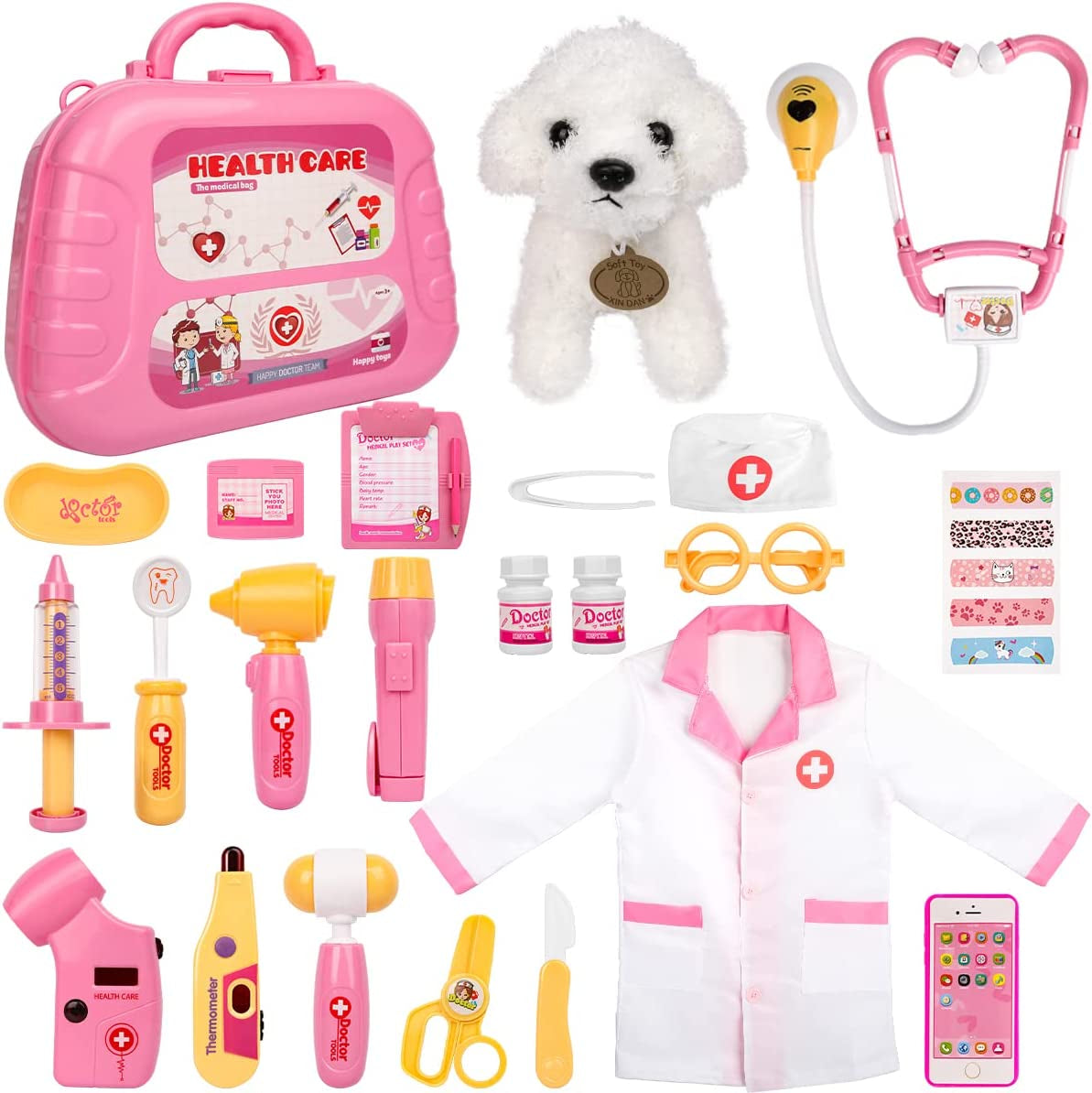 Toy Doctor Kit for Girls - Pretend Play Doctor Set with Dog Toy, Carrying Bag, Stethoscope Toy & Dress up Costume - Doctor Play Gift for Kids Toddlers Ages 3 4 5 6 Year Old for Role Play